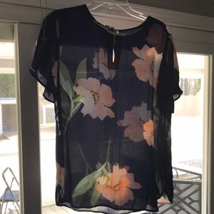 Brand new sheer navy blue with peach flowers with green stems van heusen blouse
